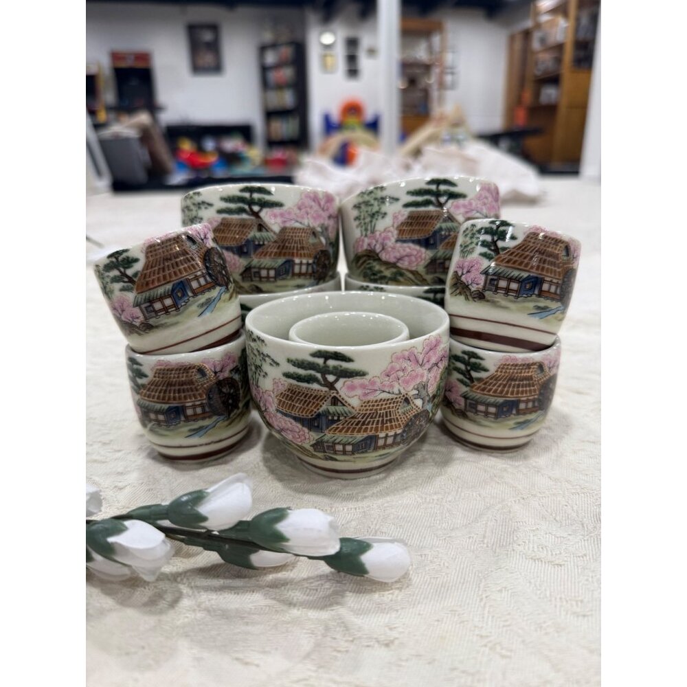 Vintage Japanese Tea Set With Scenic Hand-Painted Village & Cherry Blossoms